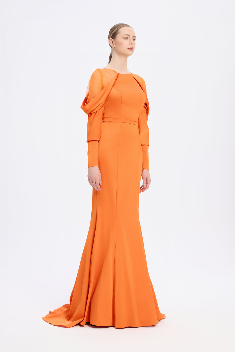 Sleeve Detailed Fish Cut Long Evening Dress - 1028C