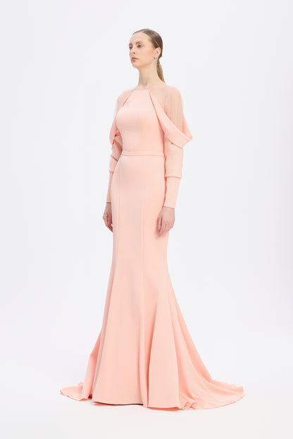 Sleeve Detailed Fish Cut Long Evening Dress - 1028C