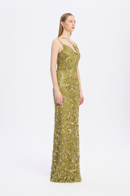 Strappy Seashell Pattern Stone Embroidered Long Evening Dress - 9110C