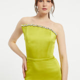 Asymmetric Strapless Neckline Slit Evening Dress