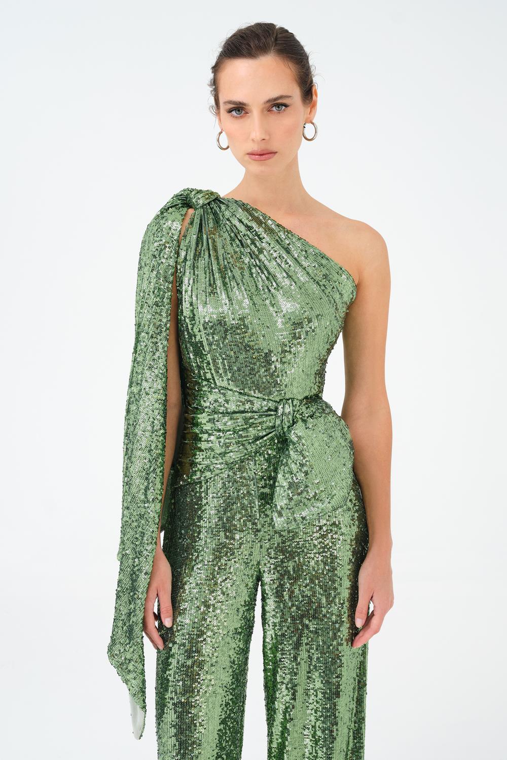 Asymmetric Collar Sequined Jumpsuit