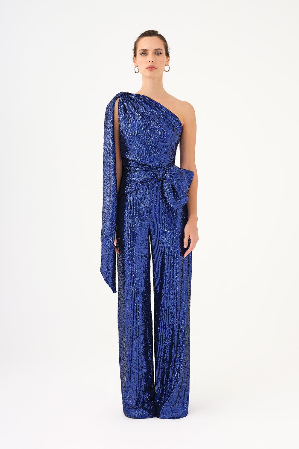 Asymmetric Collar Sequined Jumpsuit