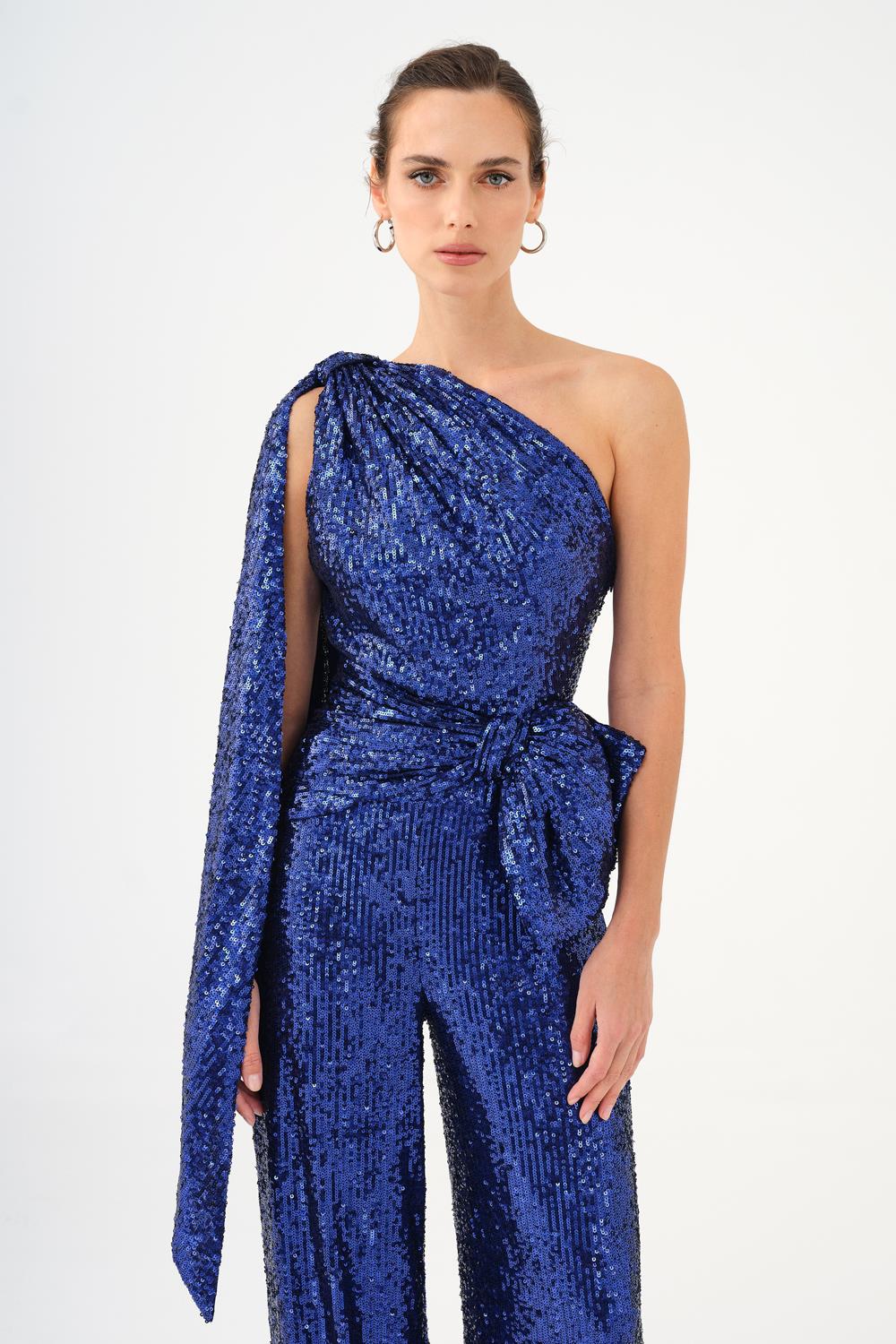 Asymmetric Collar Sequined Jumpsuit