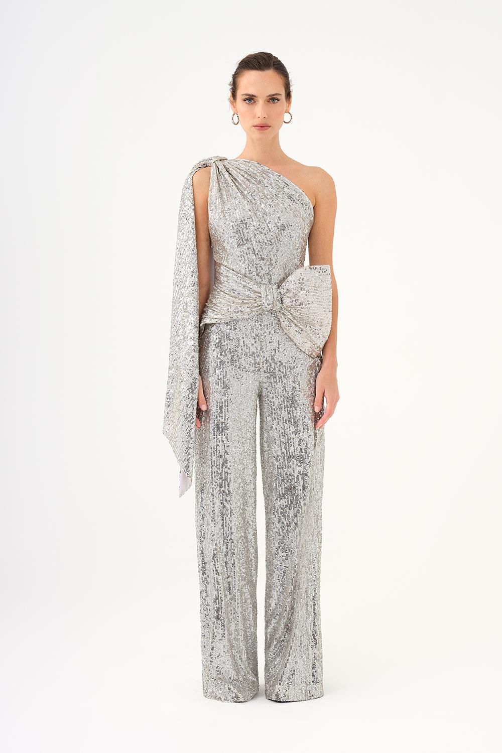 Asymmetric Collar Sequined Jumpsuit