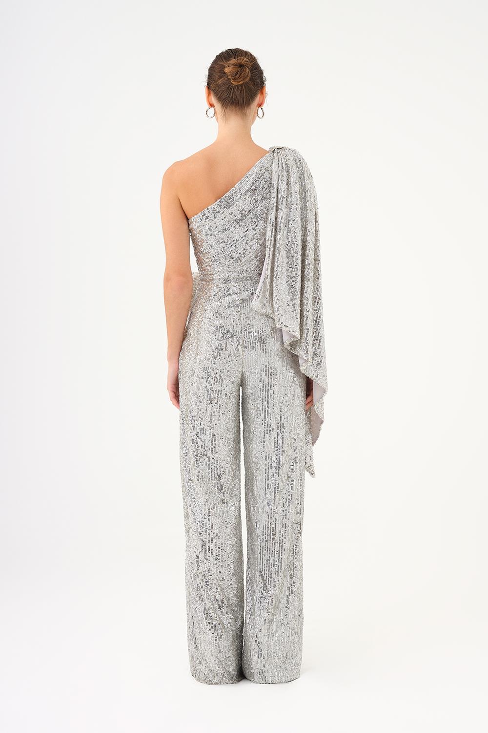 Asymmetric Collar Sequined Jumpsuit