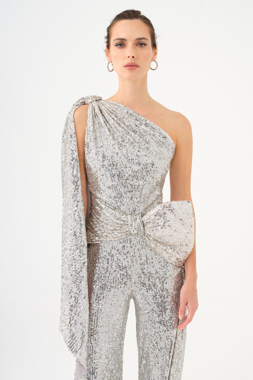 Asymmetric Collar Sequined Jumpsuit