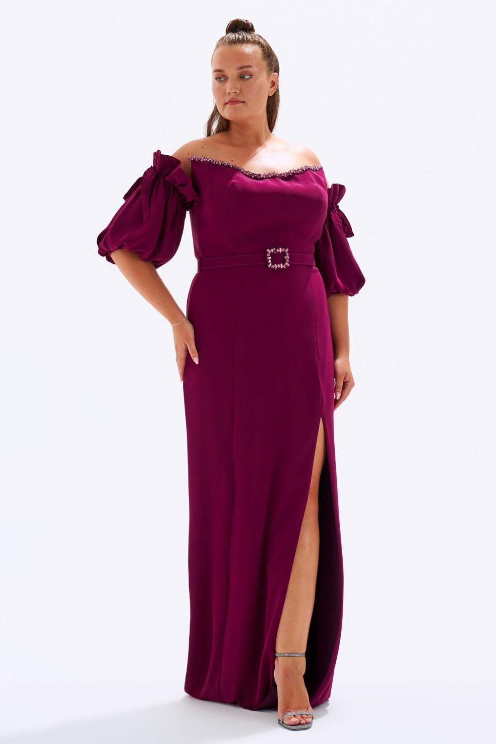 Balloon Sleeves Belted Plus Size Evening Dress