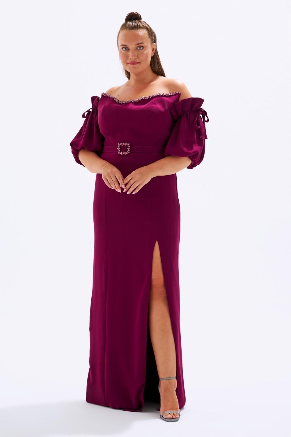 Balloon Sleeves Belted Plus Size Evening Dress