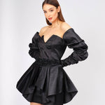 Balloon Sleeves Embroidered Ruffled Short Evening Dress