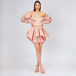 Balloon Sleeves Embroidered Ruffled Short Evening Dress