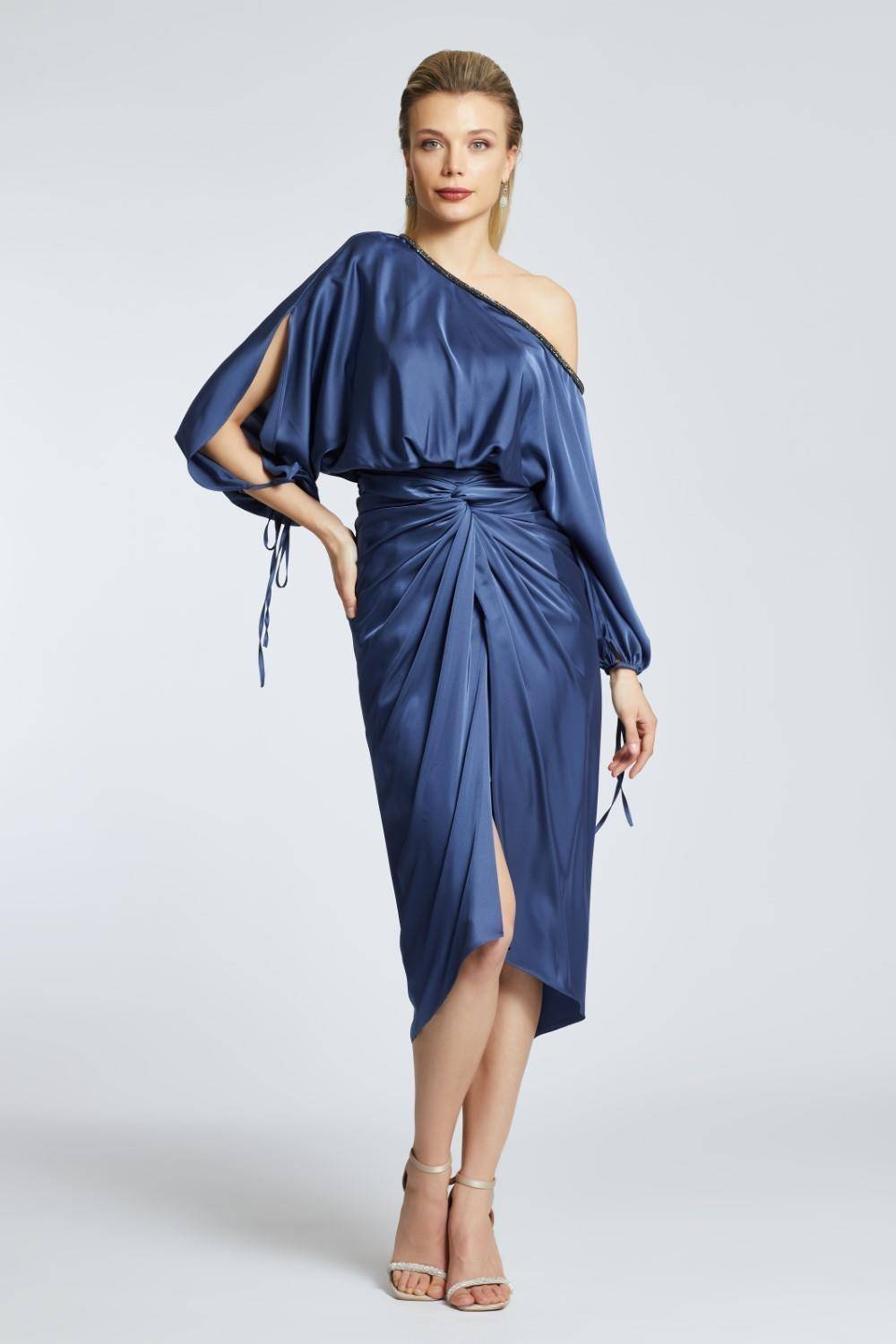 Balloon Sleeves Single Shoulder Midi Evening Dress