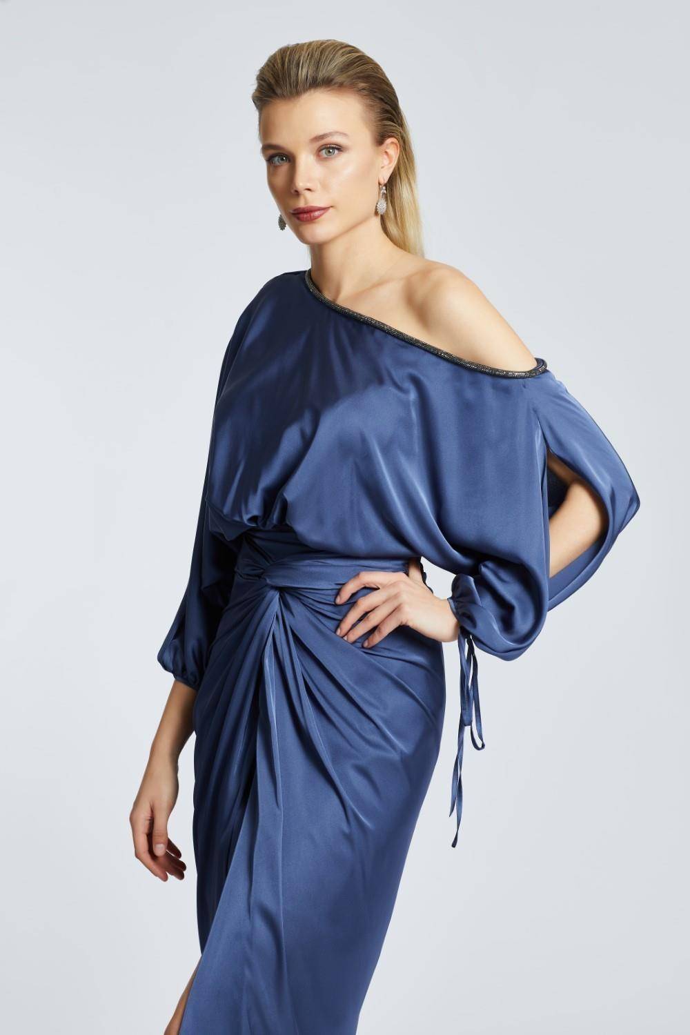 Balloon Sleeves Single Shoulder Midi Evening Dress