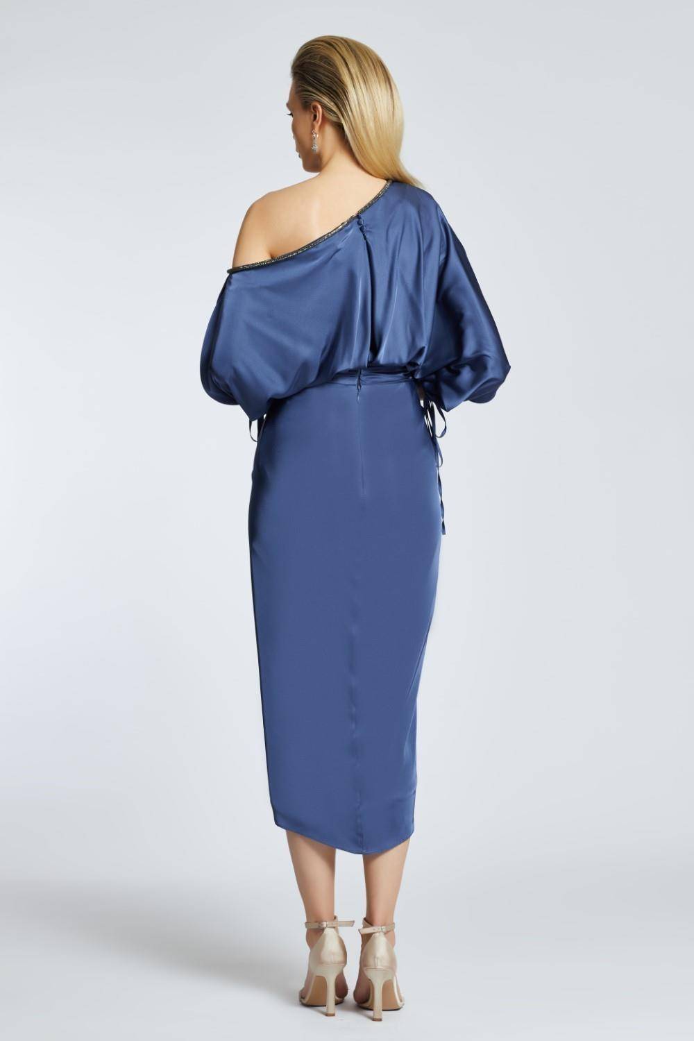 Balloon Sleeves Single Shoulder Midi Evening Dress