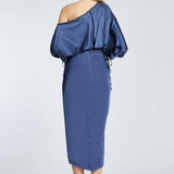 Balloon Sleeves Single Shoulder Midi Evening Dress