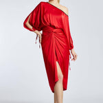 Balloon Sleeves Single Shoulder Midi Evening Dress