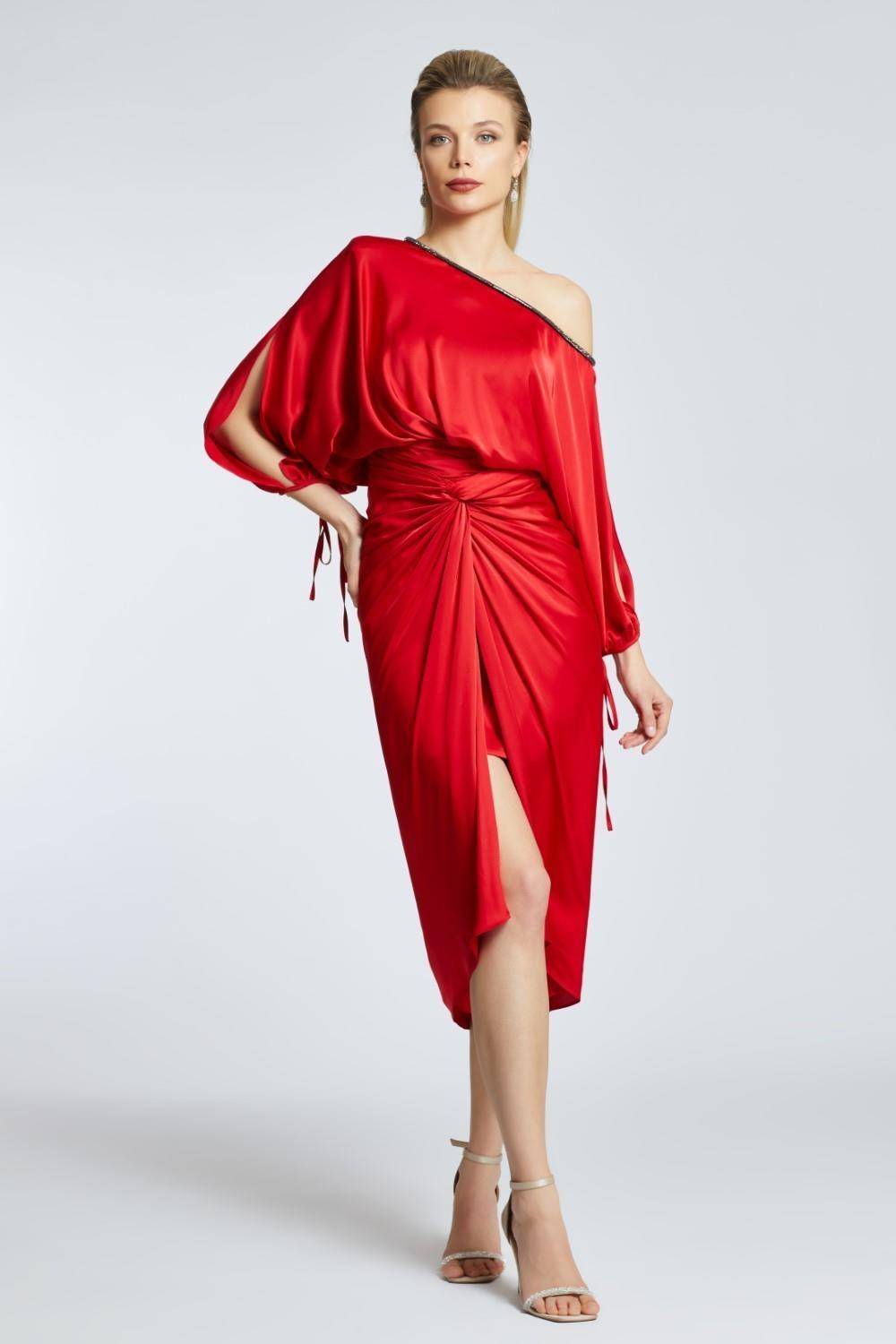 Balloon Sleeves Single Shoulder Midi Evening Dress