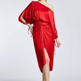 Balloon Sleeves Single Shoulder Midi Evening Dress