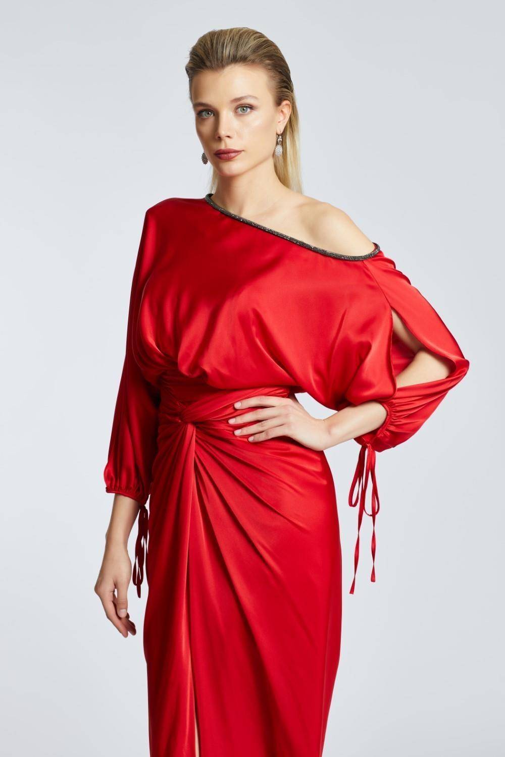 Balloon Sleeves Single Shoulder Midi Evening Dress