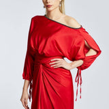 Balloon Sleeves Single Shoulder Midi Evening Dress