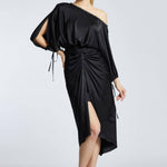 Balloon Sleeves Single Shoulder Midi Evening Dress