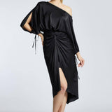 Balloon Sleeves Single Shoulder Midi Evening Dress