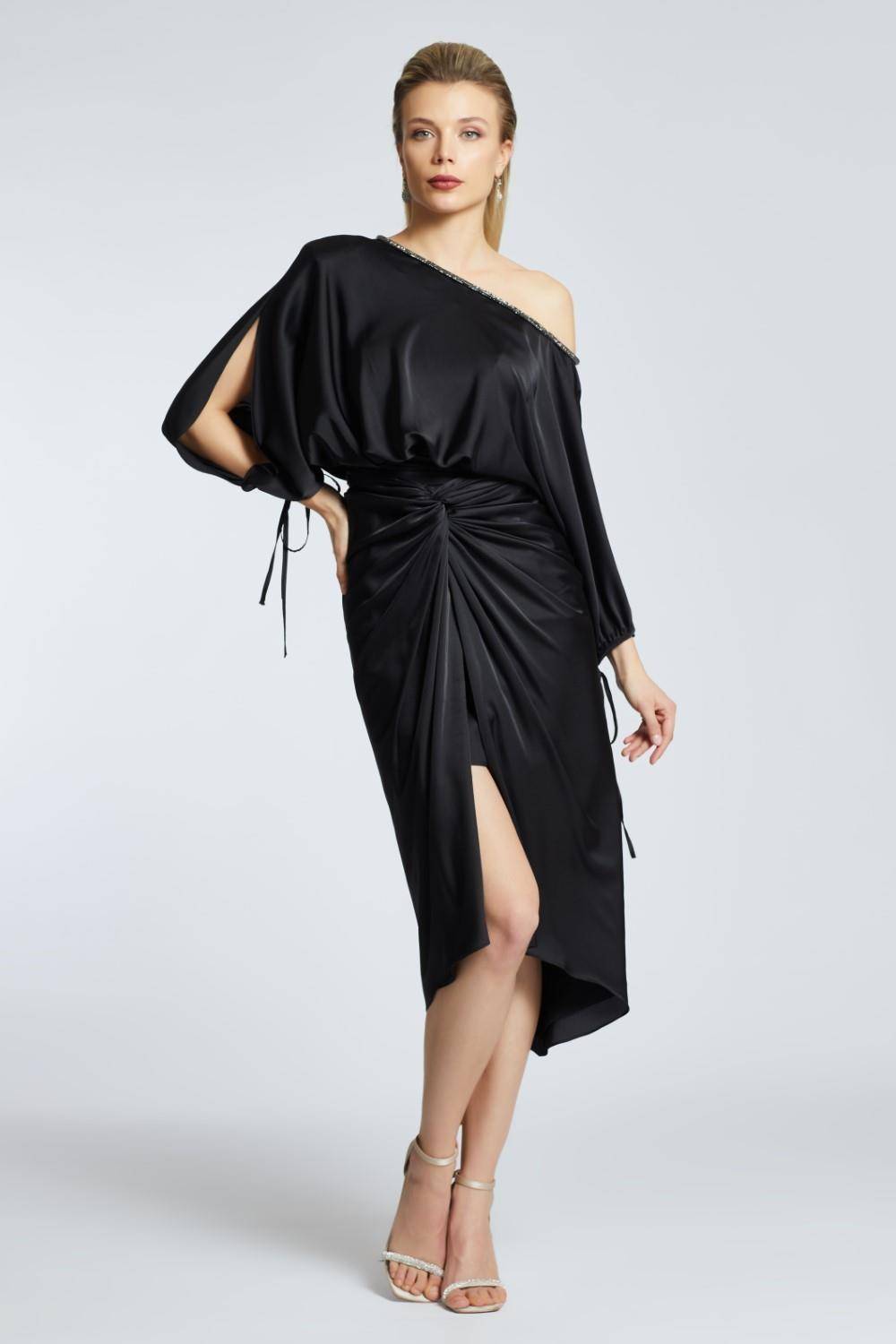 Balloon Sleeves Single Shoulder Midi Evening Dress