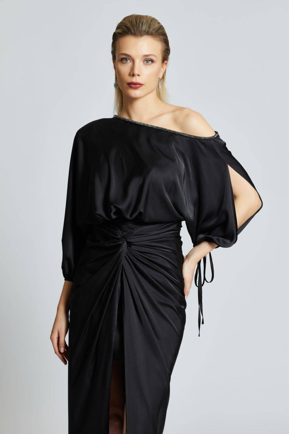 Balloon Sleeves Single Shoulder Midi Evening Dress