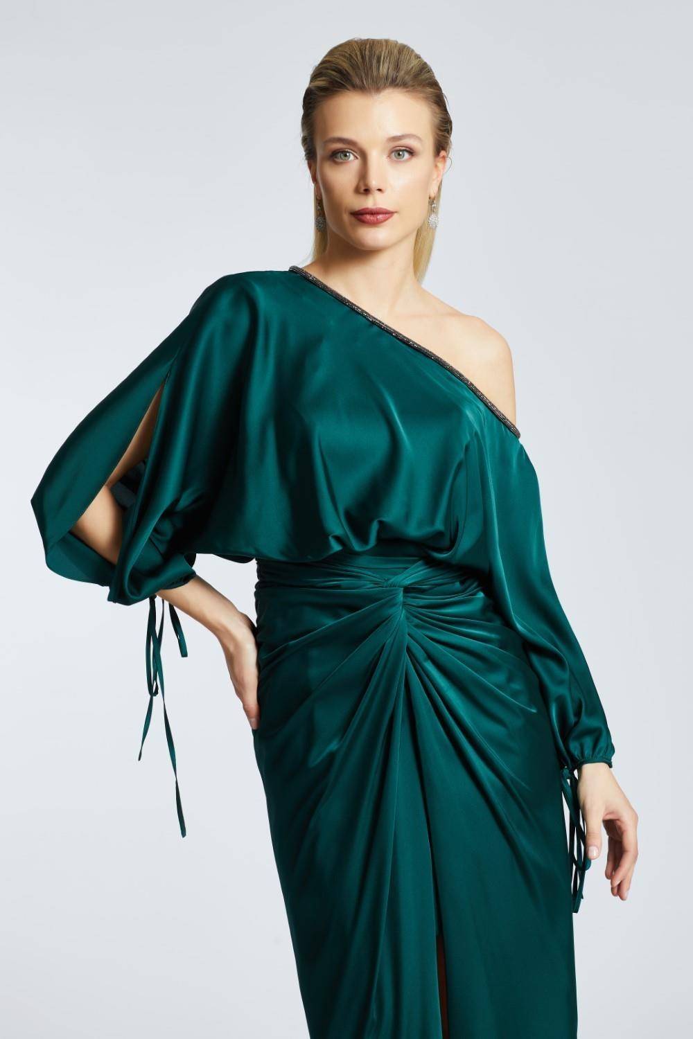 Balloon Sleeves Single Shoulder Midi Evening Dress