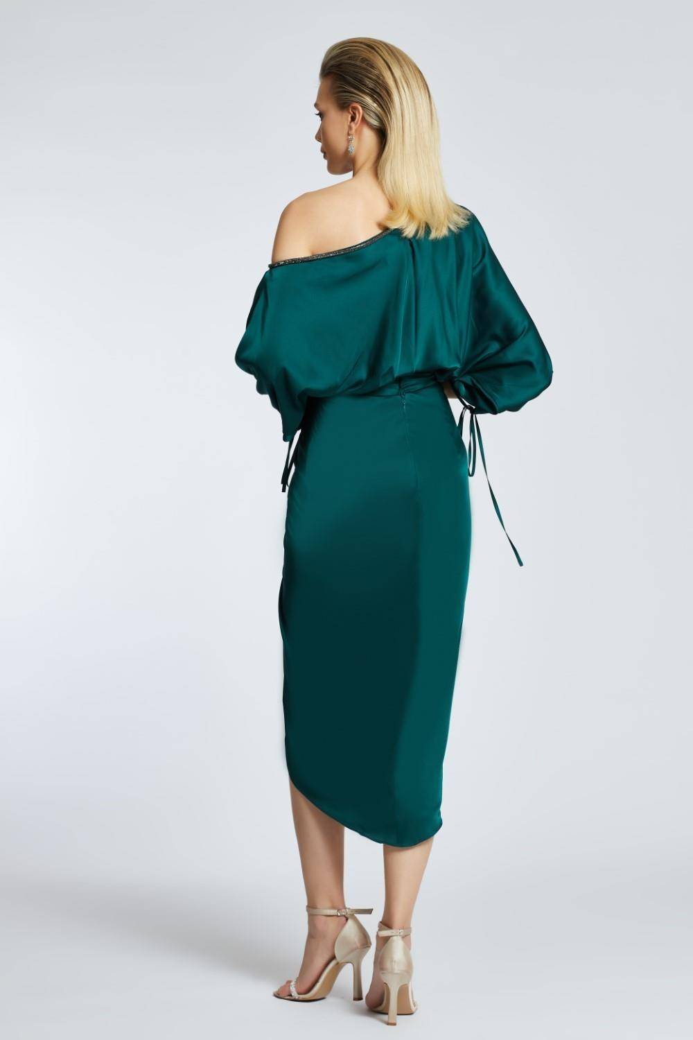 Balloon Sleeves Single Shoulder Midi Evening Dress