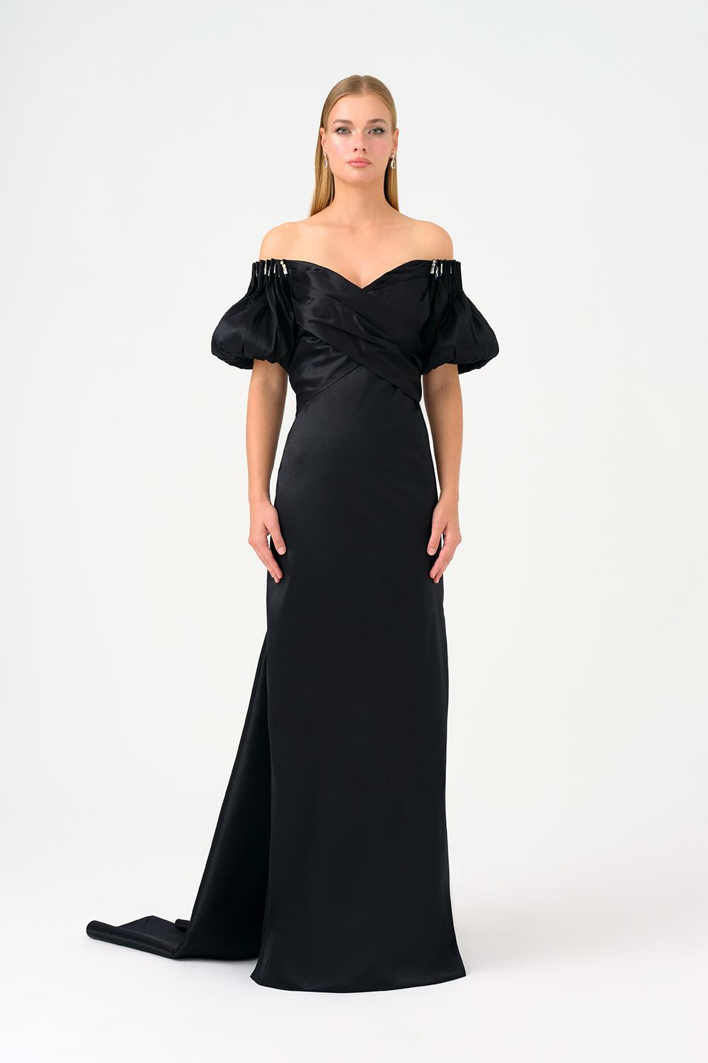Cape Balloon Sleeve Stone Embroidered Long Evening Dress