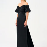 Cape Balloon Sleeve Stone Embroidered Long Evening Dress - 9084C