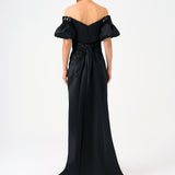 Cape Balloon Sleeve Stone Embroidered Long Evening Dress - 9084C