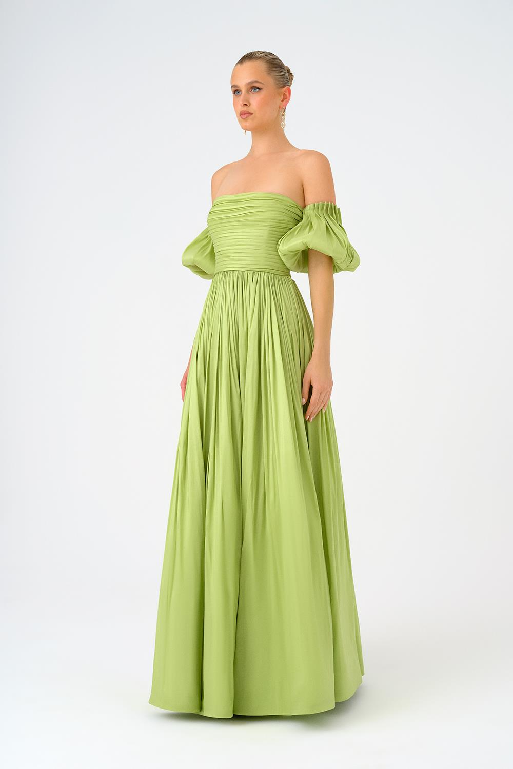 Balloon Sleeve Strapless Collar Taffeta Long Evening Dress - 9017C