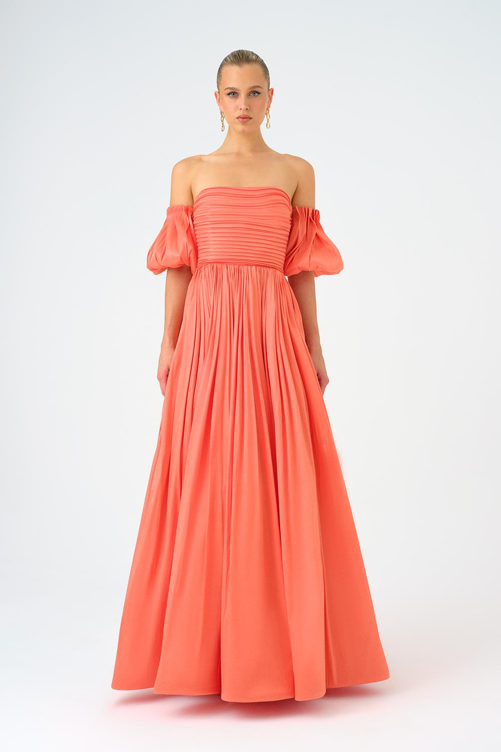 Balloon Sleeve Strapless Collar Taffeta Long Evening Dress - 9017C