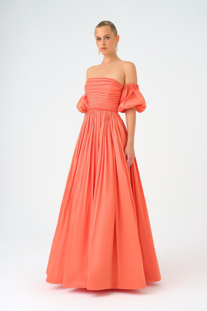 Balloon Sleeve Strapless Collar Taffeta Long Evening Dress - 9017C