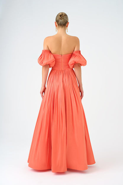 Balloon Sleeve Strapless Collar Taffeta Long Evening Dress - 9017C