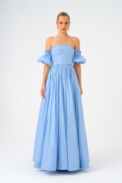 Balloon Sleeve Strapless Collar Taffeta Long Evening Dress - 9017C