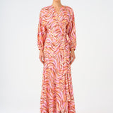 Long Sleeve V Neck Patterned Satin Long Evening Dress