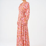 Long Sleeve V Neck Patterned Satin Long Evening Dress