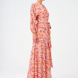 Long Sleeve V Neck Patterned Satin Long Evening Dress