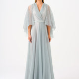 Volan Half Sleeve Silvery Long Evening Dressss - 9144C