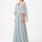 Volan Half Sleeve Silvery Long Evening Dressss - 9144C