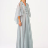 Volan Half Sleeve Silvery Long Evening Dressss - 9144C