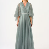 Volan Half Sleeve Silvery Long Evening Dressss - 9144C