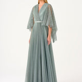 Volan Half Sleeve Silvery Long Evening Dressss - 9144C