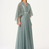 Volan Half Sleeve Silvery Long Evening Dressss - 9144C