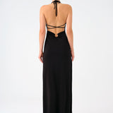 Long Evening Dress with Neck Straps and Back Decollete