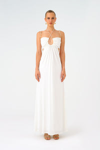 Bead Detailed Long Evening Dress with Neck Straps