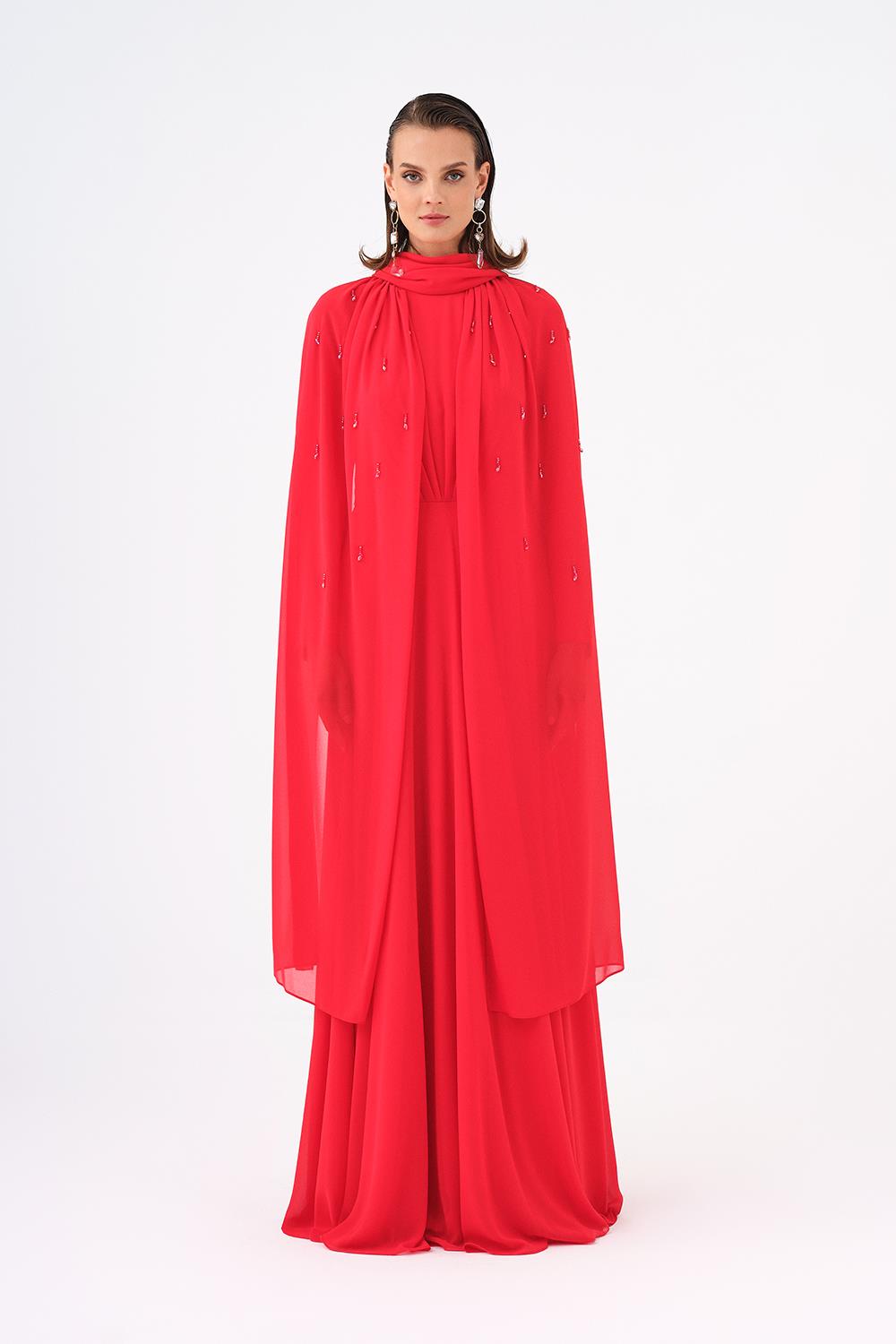 Bead Embroidered Hijab Chiffon Long Evening Dress