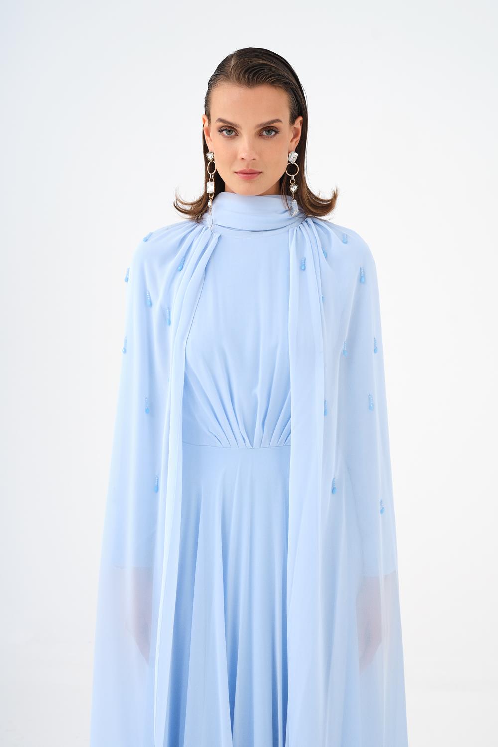 Bead Embroidered Hijab Chiffon Long Evening Dress